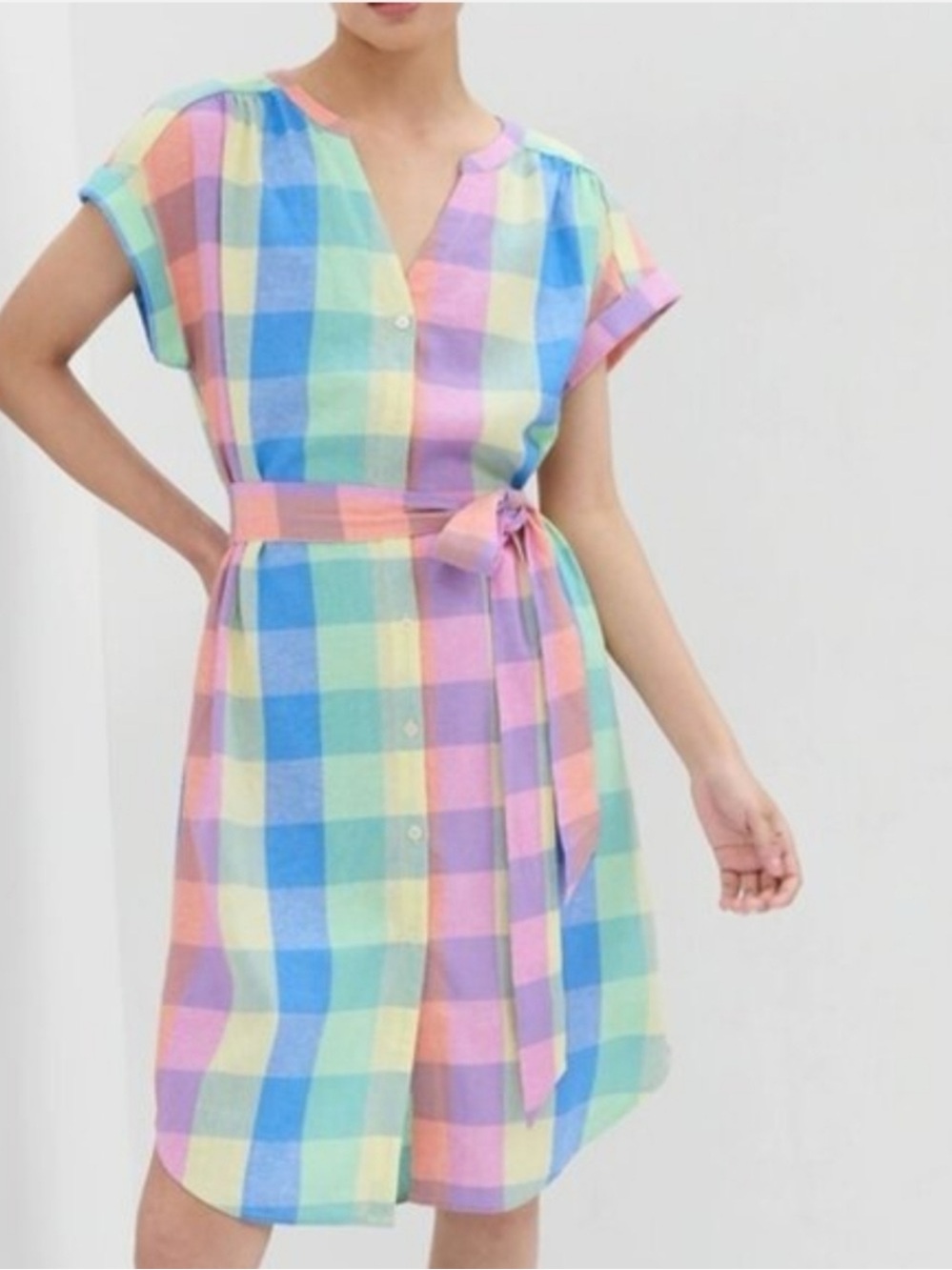 GAP NWT❗️Colorful Pastel Plaid Shirt Dress Button Down V Neck Tie Waist